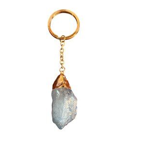 Blue Raw Crystal Stone Point Keychain Bag Charm Gold Leaf 4.25" Long